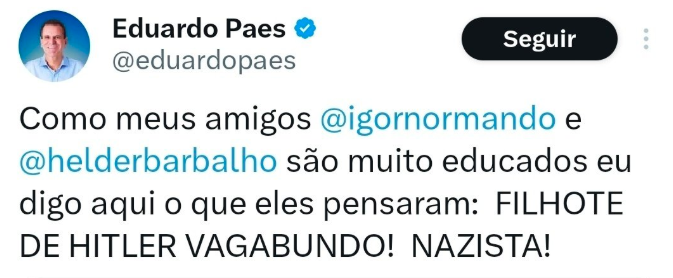 EDUARDO PAES CHAMA CHANCELER ALEMÃO DE “NAZISTA” E APAGA POSTAGEM